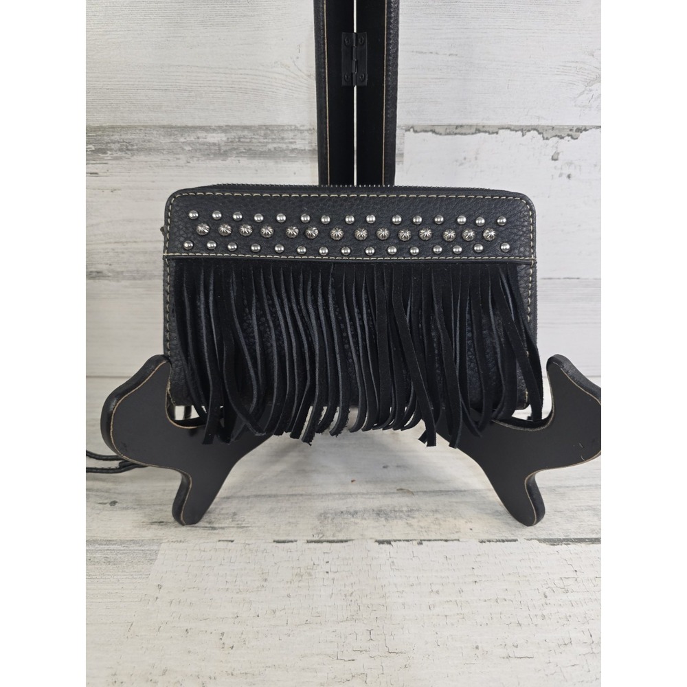 Trinity Ranch Black Fringe Studded Western Wristlet‎ Wallet Zip Around Organizer